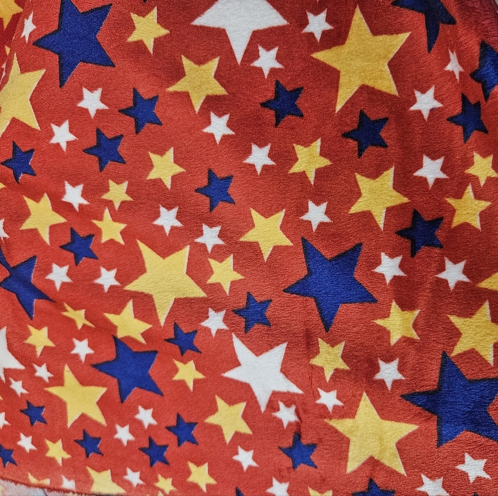 4.8yds! Minky Soft Cuddle Chenille Blue, Yellow, White Stars on Red Poly Fabric